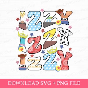 May include: A colorful design featuring the name "IZZY" in a variety of styles. Each letter is decorated with characters from the Toy Story movie, including Woody, Buzz Lightyear, and the alien. The design is perfect for a child's room or a birthday party.