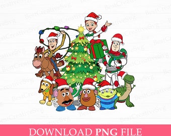 May include: A Christmas-themed illustration featuring characters from the Toy Story franchise. Woody, Buzz Lightyear, Jessie, Mr. and Mrs. Potato Head, Rex, and Slinky Dog are gathered around a decorated Christmas tree. The characters are wearing Santa hats and are smiling.