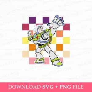 Puede incluir: Una ilustración de dibujos animados de Buzz Lightyear de la franquicia Toy Story. Buzz lleva su traje de ranger espacial característico y está posando con el brazo extendido. Está de pie frente a un fondo de cuadros de colores.
