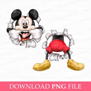 Könnte beinhalten: Eine Cartoon-Illustration von Mickey Mouse, der durch ein zerrissenes Stück Papier schaut. Mickey trägt seine charakteristischen roten Shorts und gelben Schuhe. Er lächelt und streckt seine Zunge heraus.