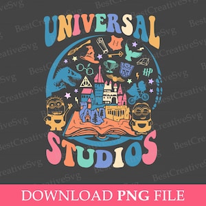 May include: A colorful graphic design with the text "UNIVERSAL STUDIOS" in a retro font. The design features a book with a map of a fictional world, surrounded by various characters and symbols from popular movies and TV shows, including Minions, Harry Potter, Jurassic Park, and Transformers.