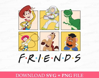 May include: A colorful illustration of the Toy Story characters Woody, Buzz Lightyear, Rex, Jessie, Bullseye, and Mr. Potato Head. The characters are arranged in a grid with the word "FRIENDS" written below them.