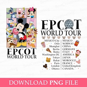 Könnte beinhalten: Ein farbenfrohes Grafikdesign mit Micky Maus und Freunden, sowie dem Text "EPCOT WORLD TOUR". Das Design enthält Essenssymbole und Städtenamen wie Paris und Tokio. Der Text "DOWNLOAD PNG FILE" befindet sich unten.