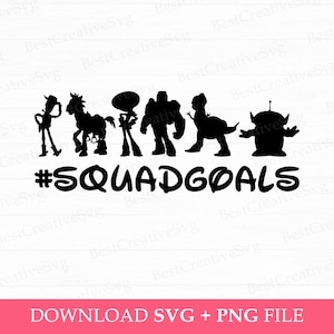 Può includere: Silhouette nere dei personaggi di Toy Story, Woody, Buzz Lightyear, Jessie, Bullseye, Rex e Alien, in piedi in fila. Il testo #SQUADGOALS è sotto i personaggi.