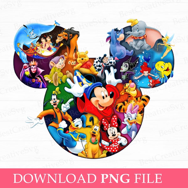 Collage de personajes de ratón y amigos PNG, vacaciones familiares PNG, cabeza de ratón con varios personajes PNG, reino mágico SVG, archivo PNG para sublimación