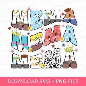 May include: A colorful design featuring the word "MEMA" in large, bold letters. Each letter is decorated with different patterns and characters from the Toy Story movie franchise, including Woody, Buzz Lightyear, and the aliens.