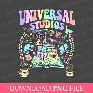 May include: A colorful graphic design featuring the text "UNIVERSAL STUDIOS" in a retro font. The design includes an open book with a map of the Universal Studios theme park, surrounded by various icons representing popular attractions, including Harry Potter, Jurassic Park, and the Transformers. Two yellow Minions are on either side of the book.