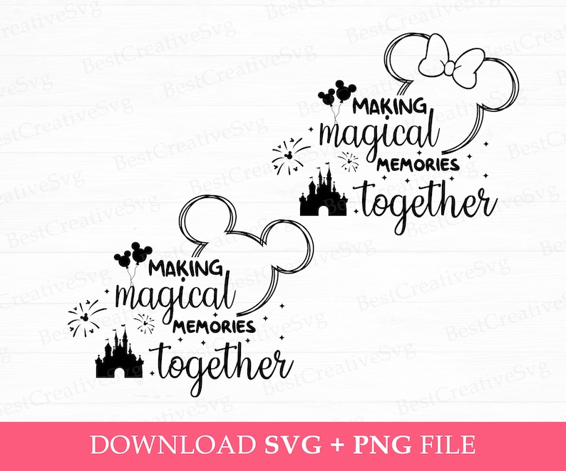 Pode incluir: Design em silhueta preto e branco de orelhas do Mickey Mouse com fogos de artif&iacute;cio e um castelo. O texto diz "Making magical memories together".