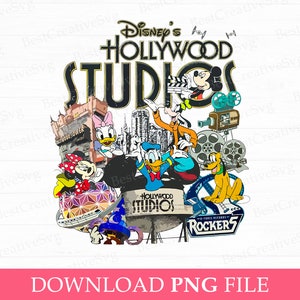 May include: A colorful illustration of Disney characters from Hollywood Studios, including Mickey Mouse, Minnie Mouse, Goofy, Donald Duck, and Pluto. The text "Disney's Hollywood Studios" is featured in a vintage style font.