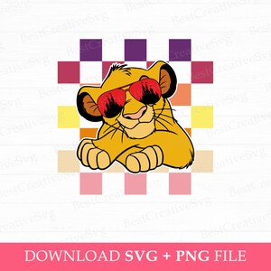 May include: A cartoon lion cub wearing red sunglasses with a city skyline reflected in the lenses. The cub is resting its head on its paws and is set against a colorful checkered background.