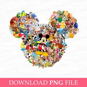 Könnte beinhalten: Eine Collage von Disney-Figuren in Form des Mickey Mouse-Kopfes. Das Bild zeigt Charaktere aus verschiedenen Disney-Filmen, darunter Mickey Mouse, Winnie Puuh und Arielle. Der Text "DOWNLOAD PNG FILE" befindet sich unten.