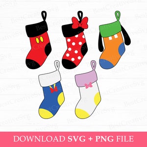 May include: Five different Christmas stockings with various Disney character designs. The stockings are red, blue, white, pink, and orange with yellow, black, and white accents.
