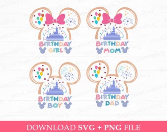 Bundle Birthday Svg, Mouse Ear and Balloons Svg, Birthday Girl Svg, Birthday Boy Svg, Family Birthday Svg, Png Svg Files
