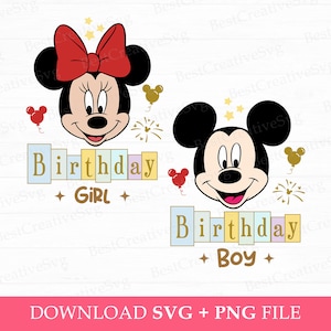 Bundel verjaardag muis Svg, verjaardag meisje Svg, feestvarken Svg, muis en vriend verjaardag Svg, familie verjaardag Svg, Png Svg-bestanden om af te drukken