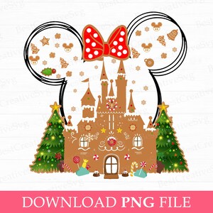 May include: A gingerbread house shaped like Cinderella's castle with a red and white polka dot bow on top. The house is decorated with candy canes, gumdrops, and other festive treats. There are two green Christmas trees on either side of the house.