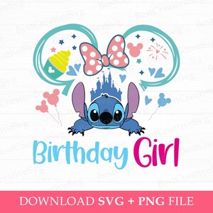 Verjaardag meisje Svg, stripfiguur Svg, Magical Kingdom Svg, muis oor Svg, ballonnen en sterren Svg, Png Svg-bestanden voor sublimatie