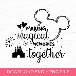 Pode incluir: Silhueta preta e branca de orelhas do Mickey Mouse com fogos de artif&iacute;cio e um castelo. O texto "MAKING magical MEMORIES together" est&aacute; escrito abaixo das orelhas.