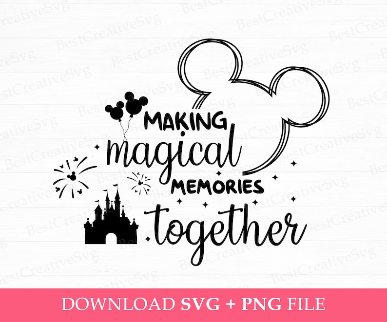 Pode incluir: Silhueta preta e branca de orelhas do Mickey Mouse com fogos de artif&iacute;cio e um castelo. O texto "MAKING magical MEMORIES together" est&aacute; escrito abaixo das orelhas.