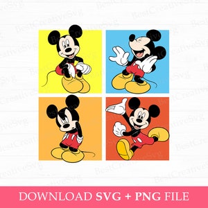 Könnte beinhalten: Vier verschiedene Bilder von Mickey Mouse in verschiedenen Posen. Jedes Bild hat einen anderen Hintergrund: Gelb, Blau, Orange und Rot.