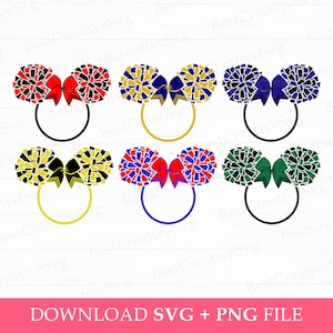 Zestaw Cheerleader Mouse Ears Svg, Pom Pom Mouse Svg, Mouse Ear with Bow Svg, Cheer Svg, Instant Download, Pliki Svg PNG do sublimacji