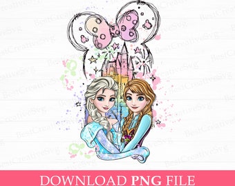 Princess Friends Watercolor Castle PNG, Family Trip Design (Digital Download)