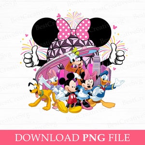 Könnte beinhalten: Ein farbenfrohes Grafikdesign mit Disney-Figuren, darunter Micky und Minnie Maus, Donald Duck, Goofy und Pluto. Das Design umfasst eine rosa Schleife mit Punkten, Feuerwerk und den Text "DOWNLOAD PNG FILE".