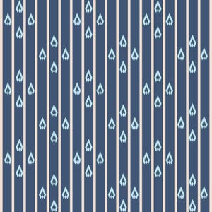 May include: A textile pattern featuring vertical stripes in dark blue and light beige, interspersed with repeating light blue geometric arrow-like shapes that point upward, arranged in a symmetrical and orderly grid across the entire surface.