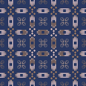 May include: A repeating pattern on a dark blue background featuring light pink and tan geometric shapes. The design includes horizontal bars, small diamond accents, and four-pointed floral-like motifs arranged in a structured grid layout.