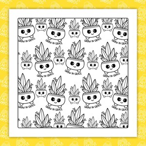 May include: Black and white illustration featuring a repeating pattern of potted plants with smiling faces. Each pot has the text "GROW IN GRACE" below it. The plants have long, pointed leaves and are set against a white background.