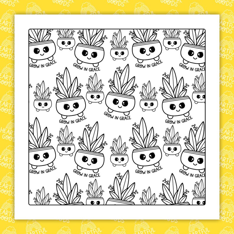 May include: Black and white illustration featuring a repeating pattern of potted plants with smiling faces. Each pot has the text "GROW IN GRACE" below it. The plants have long, pointed leaves and are set against a white background.