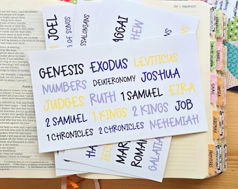 May include: A white card featuring the names of biblical books including Genesis, Exodus, Leviticus, Numbers, Deuteronomy, Joshua, Judges, Ruth, 1 Samuel, Ezra, 2 Samuel, 1 Kings, 2 Kings, Job, 1 Chronicles, 2 Chronicles, and Nehemiah in blue, yellow, and purple text.