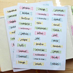 May include: Three sheets of colorful stickers with Bible book names in various colors. The stickers are arranged on a white background, with a notebook visible on the left and right sides. The text includes names like Genesis, Exodus, and Psalms.