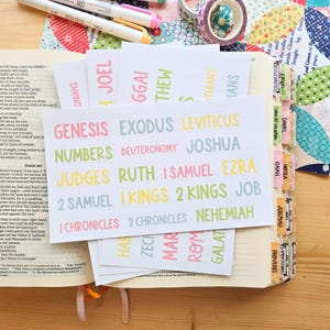 May include: A white sticker sheet featuring the names of biblical books printed in pastel pink, light blue, and lime green. The sheet is placed on an open Bible with matching colorful tabs attached to the pages, alongside markers and patterned washi tape.
