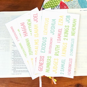 May include: A set of rectangular white stickers featuring pastel-colored text listing various books of the Bible, including Genesis, Exodus, Leviticus, Numbers, Deuteronomy, Joshua, Judges, Ruth, Samuel, Kings, Chronicles, Ezra, Nehemiah, Job, Psalms, Isaiah, Joel, Haggai, and Thessalonians.