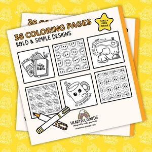 May include: A stack of coloring pages with the text "36 Coloring Pages Bold & Simple Designs." The pages feature various black and white illustrations, including a Bible, sewing machine, and smiling suns. Two markers are in the foreground. The brand name "Heartful Goods" is visible.