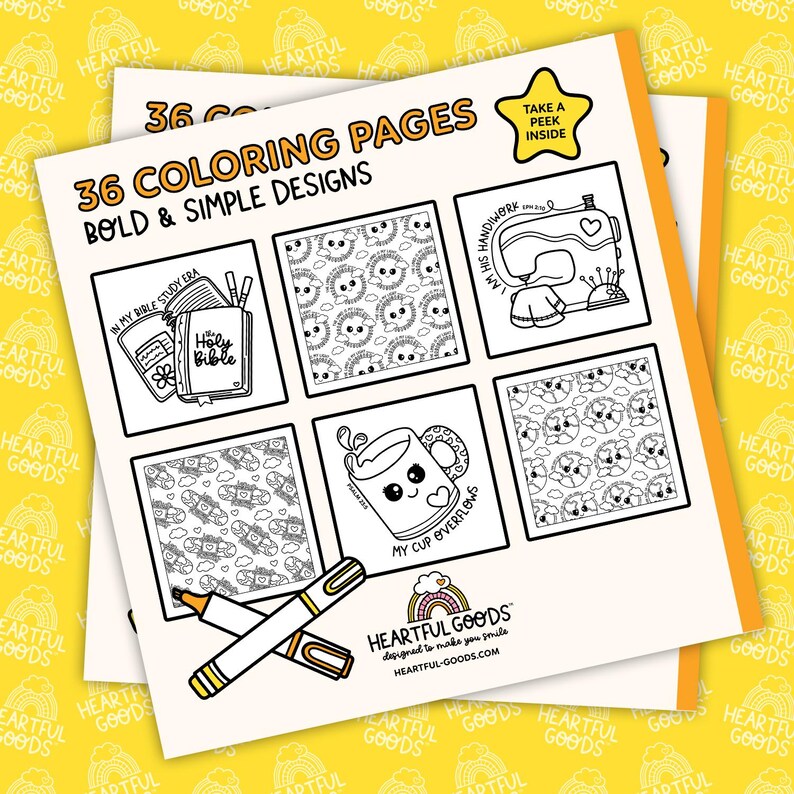 May include: A stack of coloring pages with the text "36 Coloring Pages Bold & Simple Designs." The pages feature various black and white illustrations, including a Bible, sewing machine, and smiling suns. Two markers are in the foreground. The brand name "Heartful Goods" is visible.