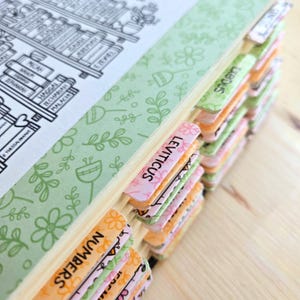 May include: Close-up of a book with colorful tabs. The tabs are labeled with book names like "Leviticus" and "Numbers." The pages have a green floral pattern. The book is open, revealing a black and white illustration of a bookshelf.
