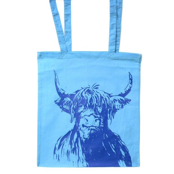 Sac en tissu, sac en jute avec dessin animalier « Rind Macht Blau », sac fourre-tout avec motif taureau (imprimé à la main)