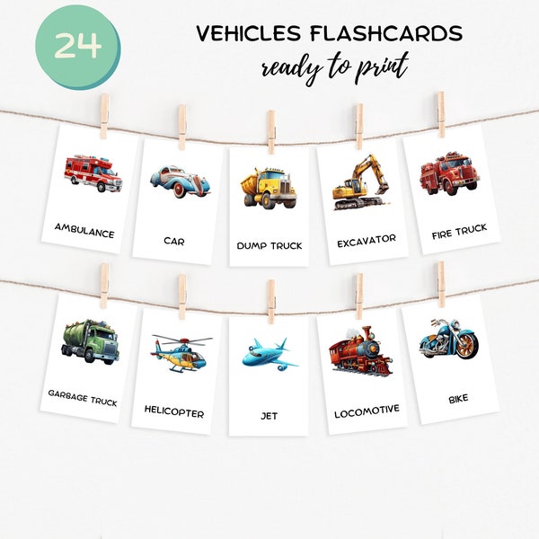 Vehicles Flash Cards, Printable Vehicle Flashcards, 3 part cards, Printable Montessori Cards, Montessori Materials, Digital Printable Toys