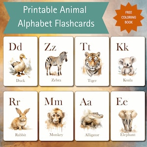 Printable Alphabet Flashcards For Kids, Animal Flashcards, Watercolor Animal Flashcards, ABC Montessori Flashcards, Nature Alphabet