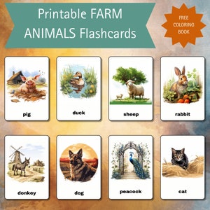 Printable PDF Farm Animal Cards, 24 Montessori Cards, Flashcards Nomenclature, Pre-school cards, INSTANT DOWNLOAD, Pdf Flashcards