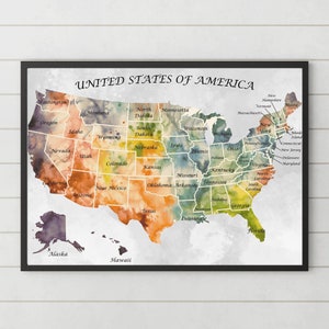 Aquarell Karte der Vereinigten Staaten von Amerika, Gedruckt, USA Karte Poster, Montessori Materialien, Aquarell Poster
