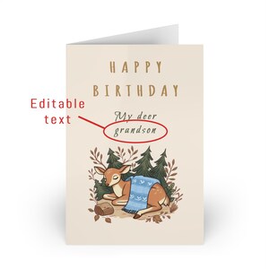 Cartão fofo de veado personalizável, postal de aniversário, toque pessoal e elegante, design apelativo, rapaz e rapariga, bebé, para prenda.
