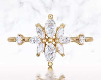 Flower Pattern Cluster Lab Diamond Ring, Marquise Cut Engagement Ring, Marquise Cut Floral Style Ring, Marquise Diamonds Ring, Cluster Ring
