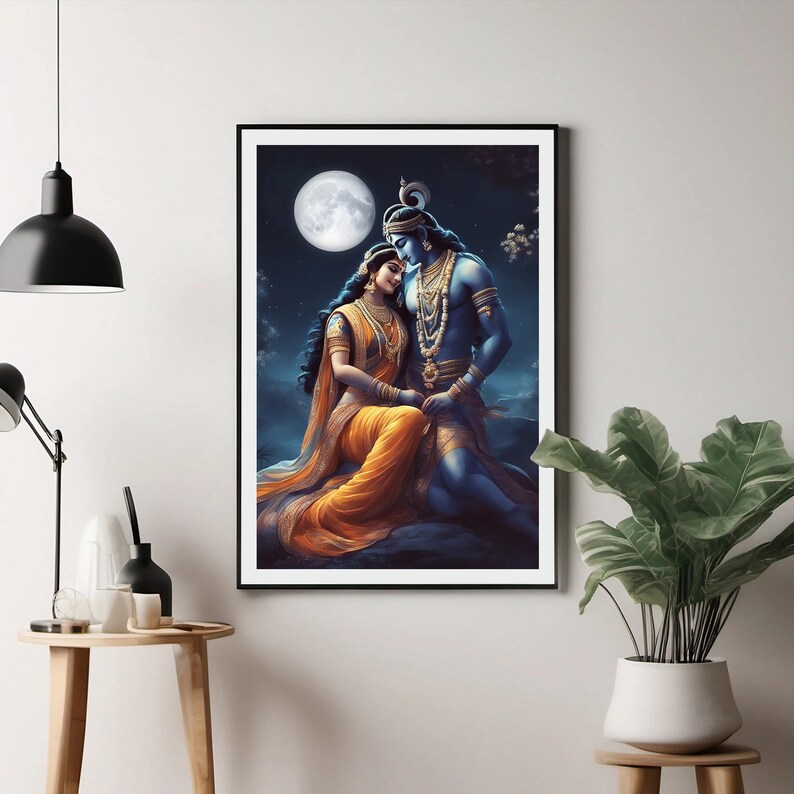Radha Krishna Painting, Printable Wall Art, Krishna Wall Poster, Hare