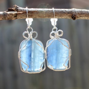 The Beautiful Ones Earrings - Sterling silver wire wrapped rectangular blue kyanite dangle earrings with sterling silver ear wires