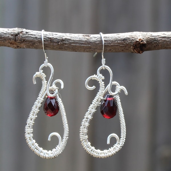 Sterling silver wire wrapped dangle earrings with garnet teardrop briolette bead dangle earrings