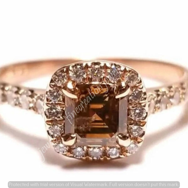 2.00Ct Asscher Cut Chocolate Diamond Halo Wedding Engagement Birthday For Gift Ring 14k Rose Gold Finish