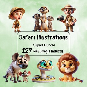May include: A set of 127 safari animal illustrations, including a lion, snake, meerkats, a hyena, and a boy wearing a safari hat. The illustrations are in a cartoon style and are perfect for use in children's books, educational materials, or crafts.