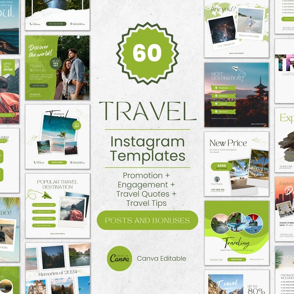 60 Premium Instagram Travel Post Templates | IG Templates Bundle | Travel Agency | Travel Agent | Travel Templates | Travel Social Media